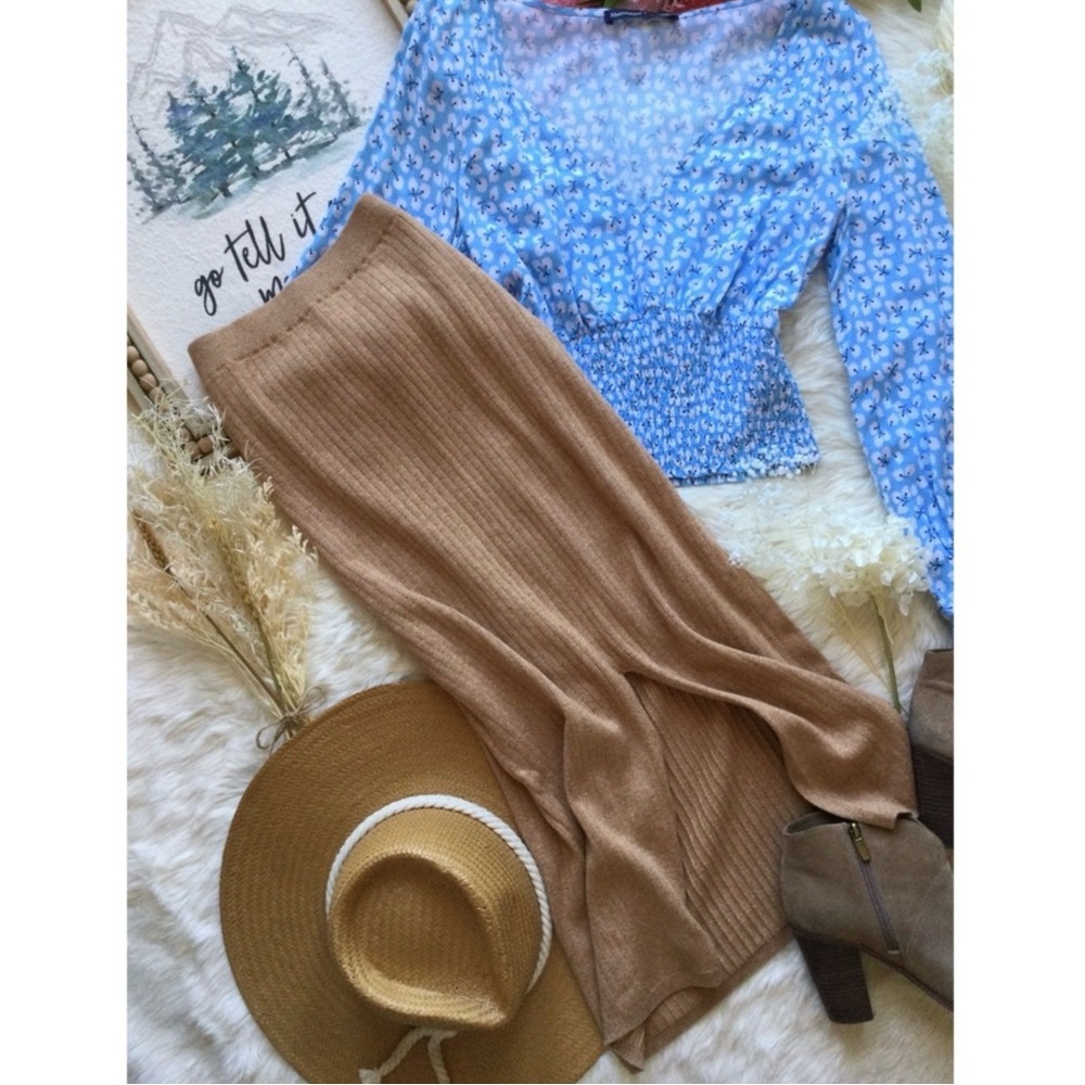 Free People XS Heathered Brown Ribbed Knit Slit Midi Skirt Western Boho Neutral - Picture 6 of 14
